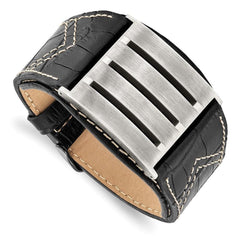 Stainless Steel Black Leather Adjustable Buckle Bracelet