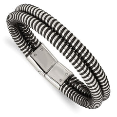 Stainless Steel Black Leather & Polished 8.5in Bracelet