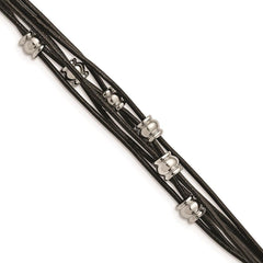 Stainless Steel Black Leather & Polished Beaded Multi Strand Bracelet