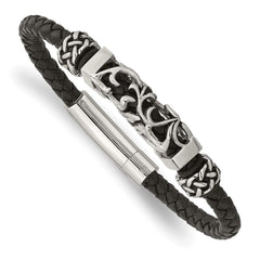 Stainless Steel Black Leather w/Antiqued Beads Bracelet