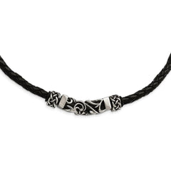 Stainless Steel Black Leather w/Antiqued Beads Necklace