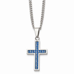 Stainless Steel Blue Carbon Fiber Inlay Polished Small Cross Necklace