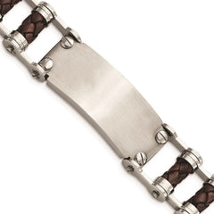 Stainless Steel Brown Leather with ID plate Bracelet