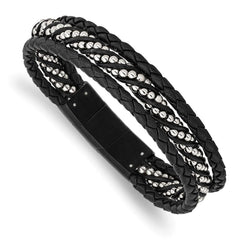 Stainless Steel Brushed & Polished Black IP Leather w/.5in ext 8in Bracelet