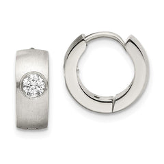 Stainless Steel Brushed & Polished CZ Hinged Hoop Earrings