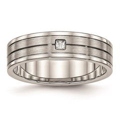 Stainless Steel Brushed and Polished Grooved CZ Ring