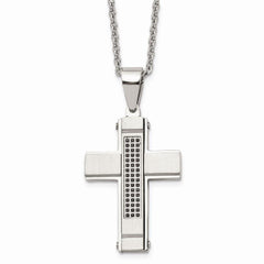 Stainless Steel Brushed and Polished w/ Black CZ Cross Necklace