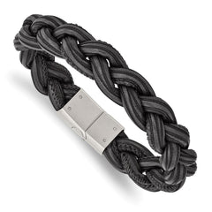 Stainless Steel Brushed Black Braided Faux Leather 8.25in Bracelet