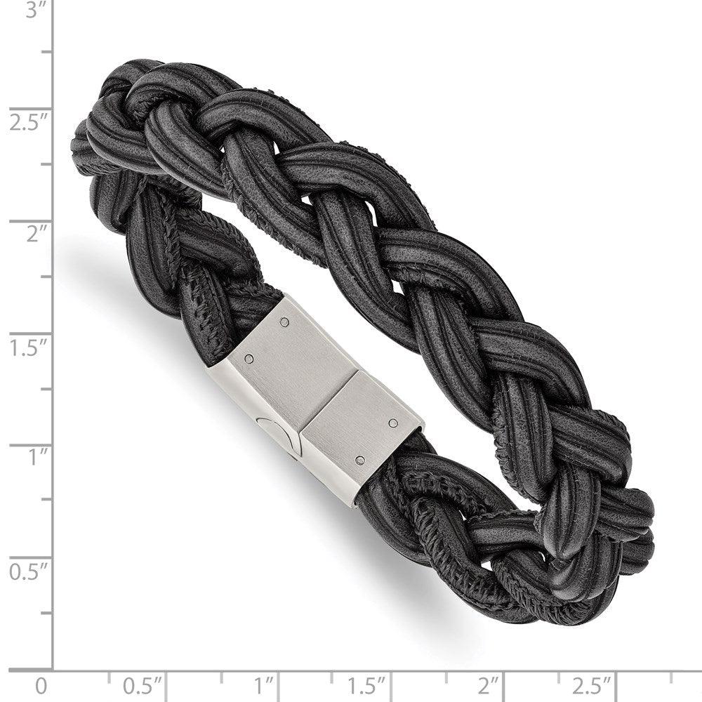 Stainless Steel Brushed Black Braided Faux Leather 8.25in Bracelet
