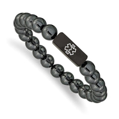 Stainless Steel Brushed Black-plated Medical ID Hematite Bead Stretch Brace