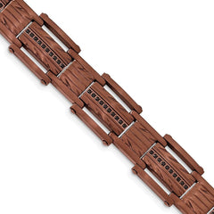 Stainless Steel Brushed Brown IP w/ Black CZ Textured Bracelet