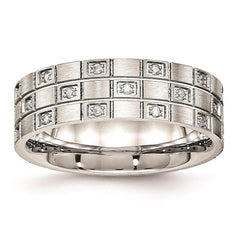 Stainless Steel Brushed Grooved CZ Ring
