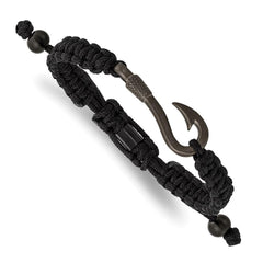 Stainless Steel Brushed Gun Metal IP Fishing Hook Black Nylon Adj Bracelet