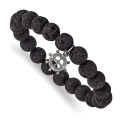 Stainless Steel Brushed GunMetal IP Lava Stone Ship's Wheel Stretch Bracele