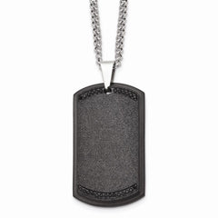 Stainless Steel Brushed Laser Cut Black IP Black CZ Dogtag Necklace