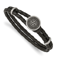 Stainless Steel Brushed Lasered Compass Black Leather 8.5in Bracelet