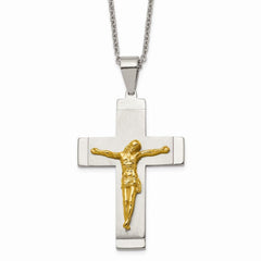 Stainless Steel Brushed, Polished Yellow IP-plated Crucifix Necklace