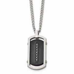 Stainless Steel Brushed/Polished Black IP Center Black CZ Tag Necklace
