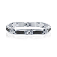 Stainless Steel Carbon Fiber Black CZ Bracelet, 8.5