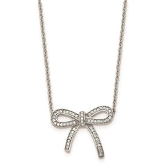 Stainless Steel Crystal Polished Bow with 1.75in ext. Necklace