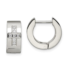 Stainless Steel CZ Cross Brushed & Polished Hinged Hoop Earrings