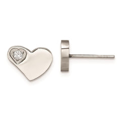 Stainless Steel CZ Polished Heart Post Earrings
