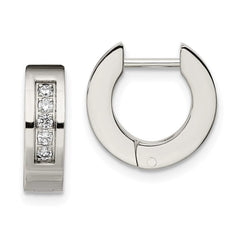 Stainless Steel CZ Polished Round Hinged Hoop Earrings