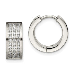 Stainless Steel CZ Stones Brushed & Polished Hinged Hoop Earrings