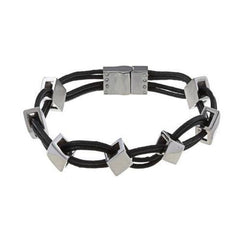 Stainless Steel Leather and Diamond Shaped Links Bracelet, 8.5