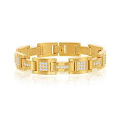 Stainless Steel Matte Gold Plated CZ Link Bracelet, 8.5