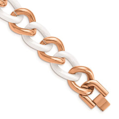 Stainless Steel Pink IP-plated & White Ceramic 8.25in w/ext Bracelet