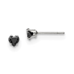 Stainless Steel Polished 4mm Black Heart CZ Stud Post Earrings