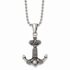 Stainless Steel Polished and Antiqued Anchor Necklace