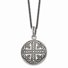 Stainless Steel Polished & Antiqued Cross Circle 22in Necklace