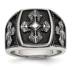 Stainless Steel Polished and Antiqued Cross Ring