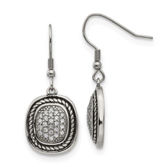 Stainless Steel Polished and Antiqued CZ Shepherd Hook Earrings