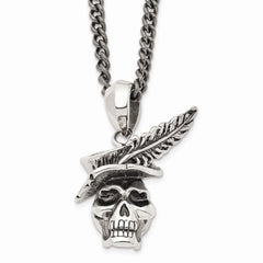 Stainless Steel Polished and Antiqued Skull with Feather Necklace