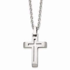 Stainless Steel Polished and Brushed Cut-out Cross Necklace