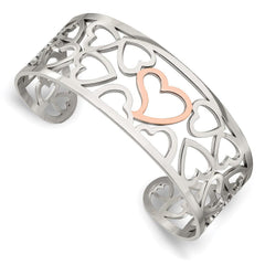 Stainless Steel Polished & Pink IP-plated Hearts Cuff Bangle