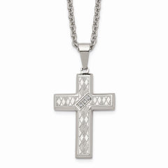 Stainless Steel Polished & Textured CZ Cross Necklace