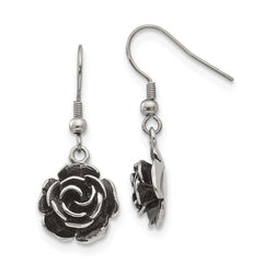 Stainless Steel Polished Antiqued Shepherd Hook Flower Earrings