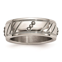 Stainless Steel Polished Beaded Grooved Ring