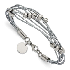 Stainless Steel Polished Beaded Multi-Strand Grey Leather 8in Bracelet