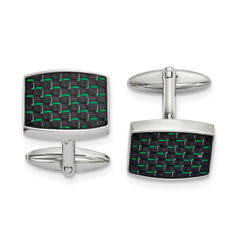 Stainless Steel Polished Black and Green Carbon Fiber Inlay Cufflinks
