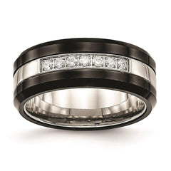 Stainless Steel Polished Black Ceramic CZ Beveled Edge Ring