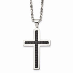 Stainless Steel Polished Black Genuine Leather Inlay Cross Necklace