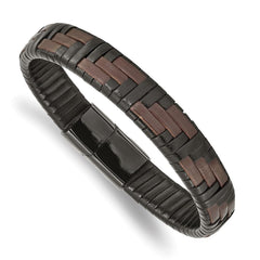 Stainless Steel Polished Black IP Brown/Black Leather 8.25in Bracelet