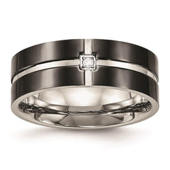 Stainless Steel Polished Black IP Grooved CZ Comfort Back Ring