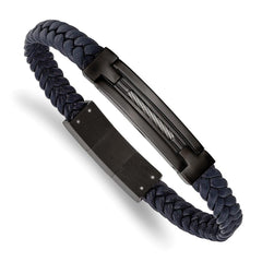Stainless Steel Polished Black IP Navy Blue Leather w/.5in ext 8in Bracelet