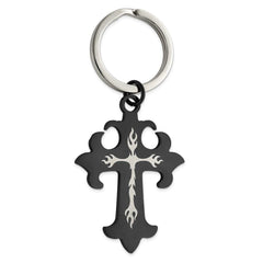 Stainless Steel Polished Black IP-plated Cross Key Chain
